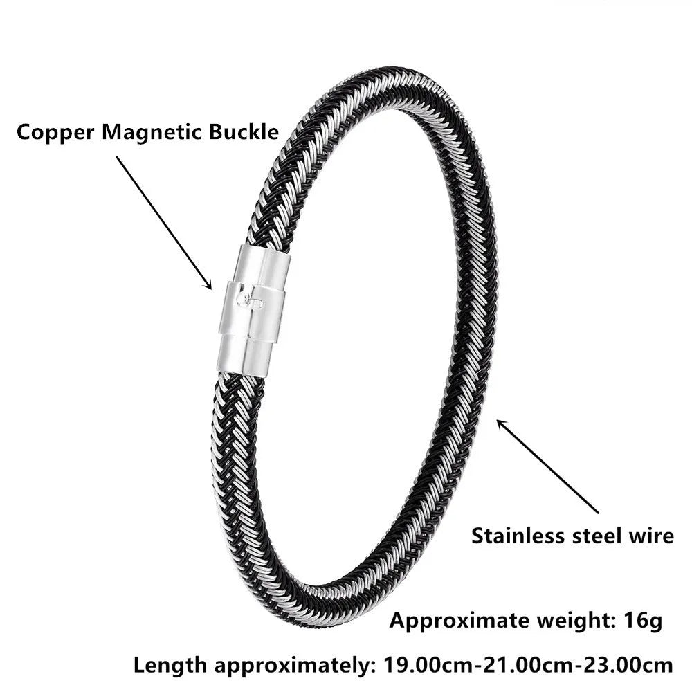 Geometric titanium steel wire bracelet with a magnetic clasp on a wrist, shown in a silver tone.