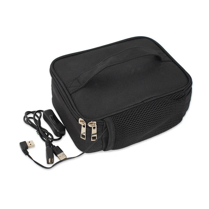 USB heating lunch bag in Oxford cloth, black and grey options, with thermal insulation for outdoor bento meals