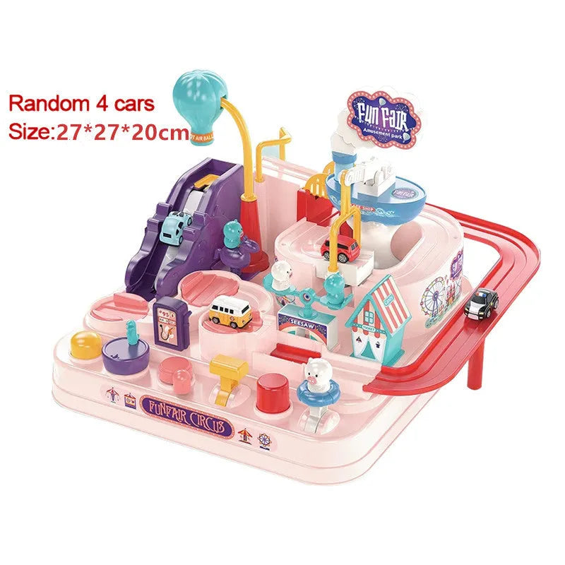 Adventure parking lot plastic toy car track set with manual remote control handle