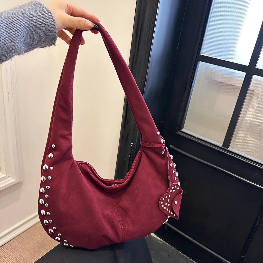 Soft plush casual tote handbag in retro style shown in multiple colour options including black, red, and brown.