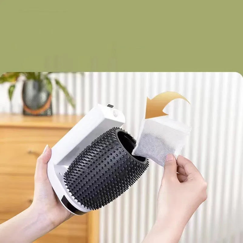 White automatic cat self groomer brush mounted in corner with soft silicone bristles