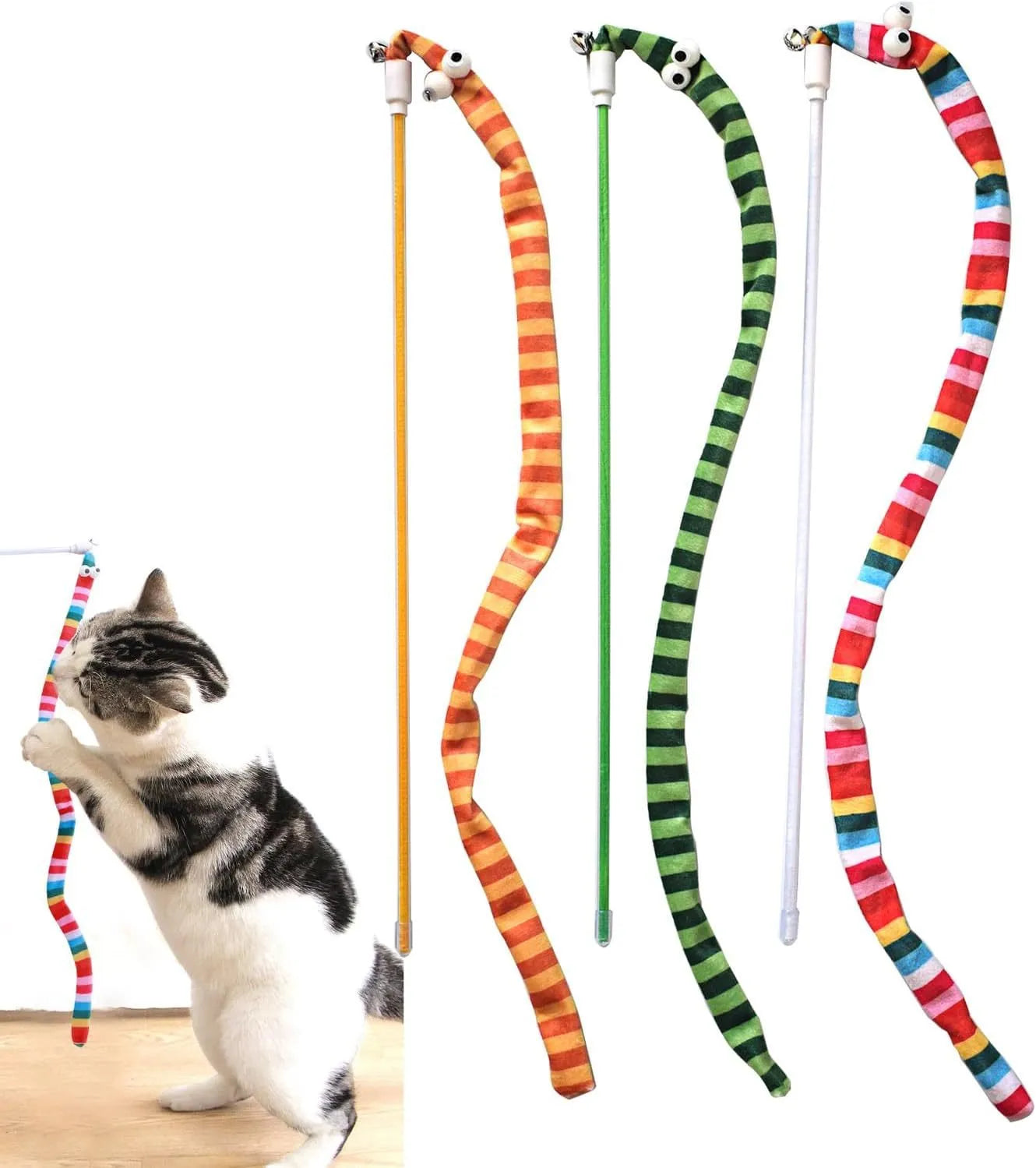 Cat wand teaser toy with a polycarbonate handle and a long green plush strip with a bell.