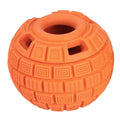 Green natural rubber dog ball with holes for food dropping, measuring 14cm long
