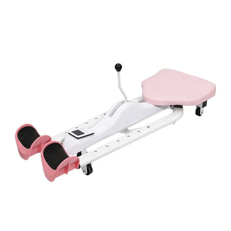 Steel-framed leg stretcher hip opener in blue or pink, shown with and without a backrest.
