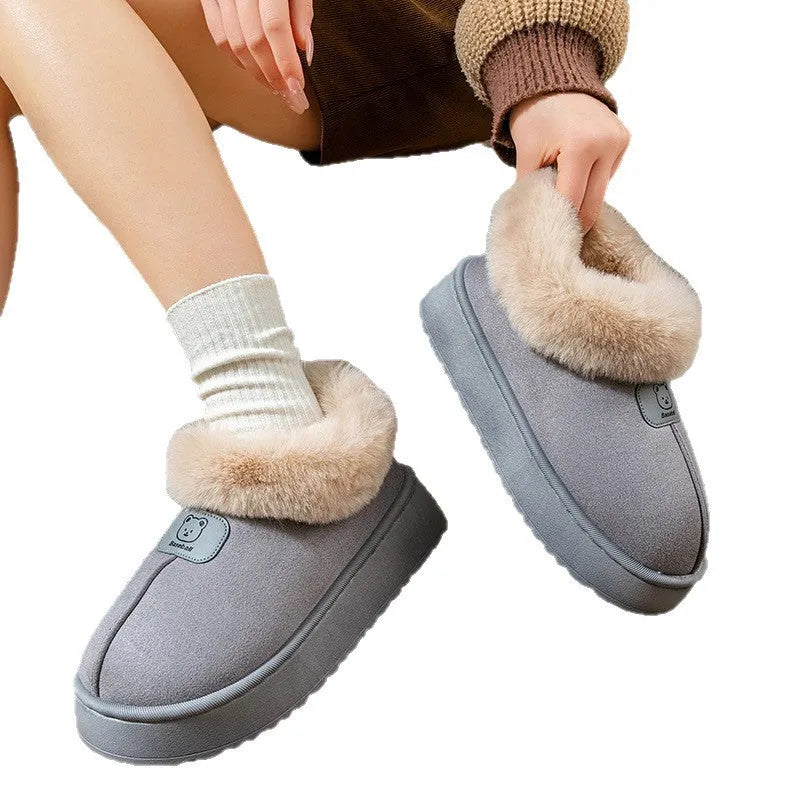 Women's ankle wrap cotton slippers with plush upper, flat heel, available in beige, black, gray, khaki