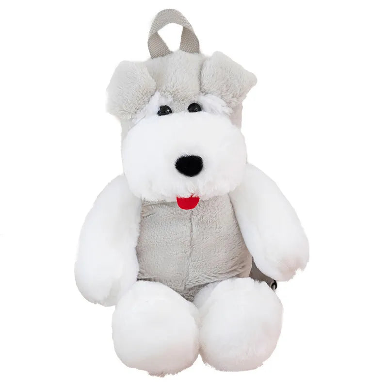 Light gray schnauzer plush backpack with ultra-light design, 45x22x20cm dimensions