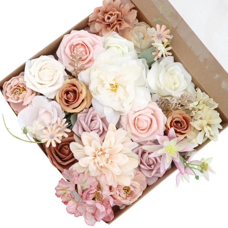 Lotus Pink Champagne Rose silk flower box half-handmade arrangement in decorative box