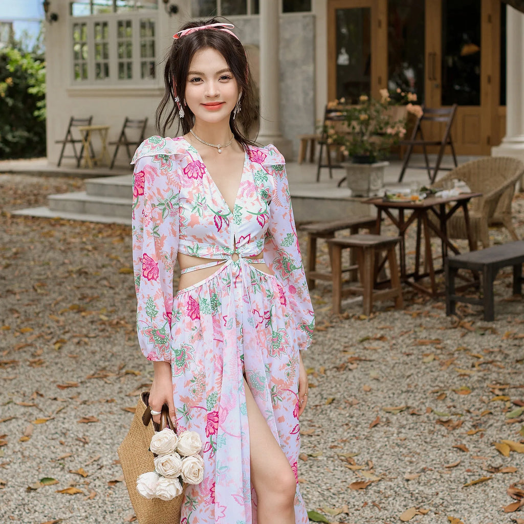 Couple retro printed long sleeve one-piece swimsuit in floral pattern, available for men and women, polyester fabric
