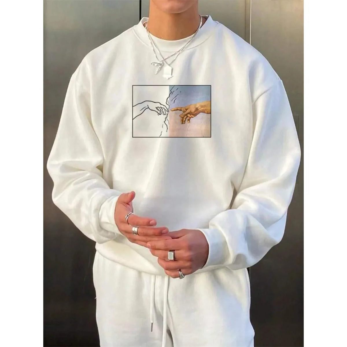 Men's hand printed sweatshirt long sleeve pullover polyester unisex top in white black blue purple