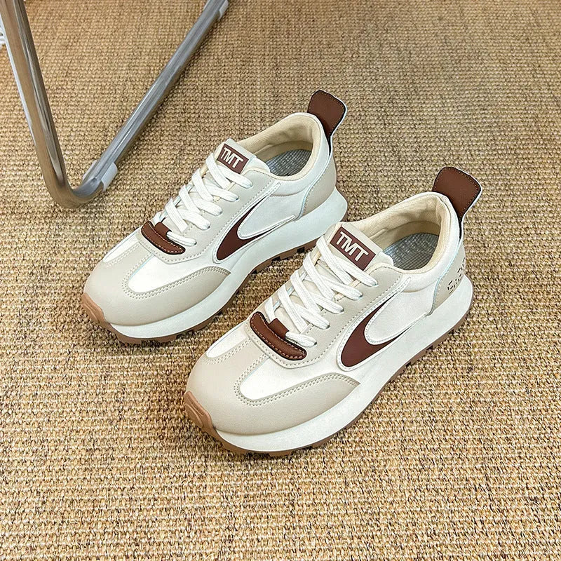 Forrest Gump heightened daddy shoes beige low top round toe mid heel 3-5cm height increasing sneakers