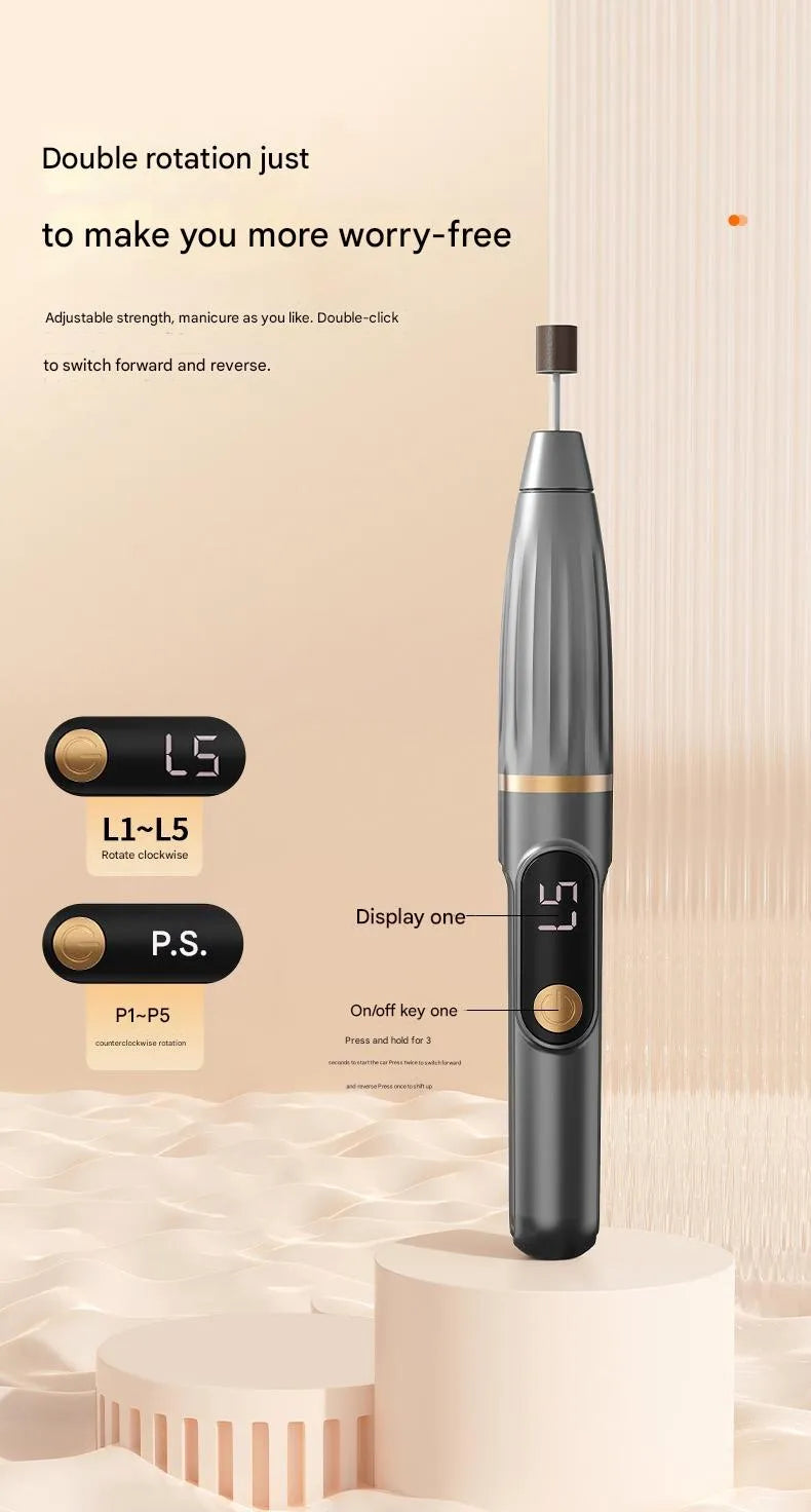 Compact electric nail file with LCD display in Rose gold colour, portable nail clipper and buffer