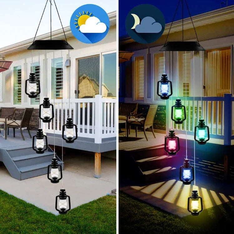 Outdoor solar wind chime lamp with LED lights in hummingbird butterfly design for garden decoration