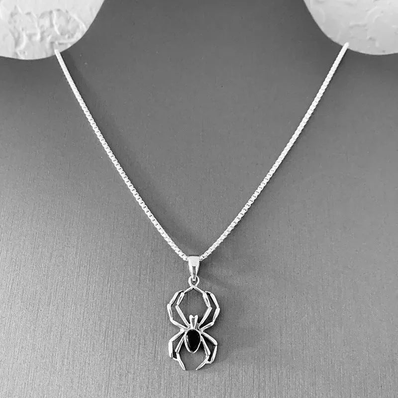 Lady Halloween ghost spider necklace with copper box chain and mixed gemstone inlay pendant in gold black colour