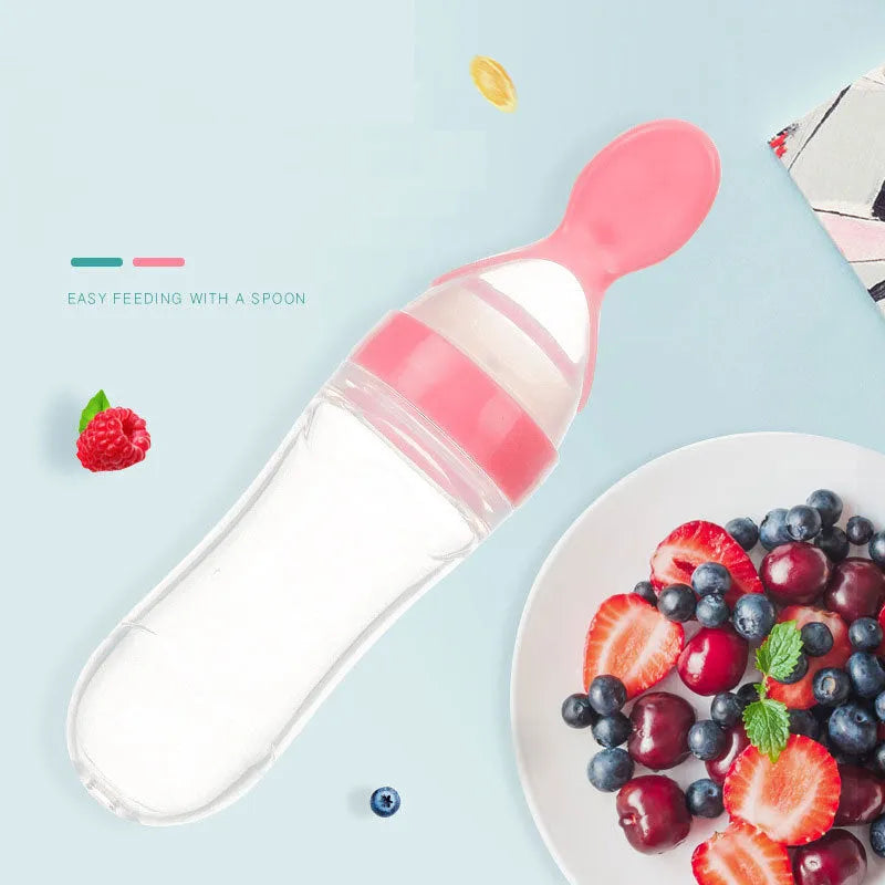 90ml silicone baby feeding bottle with squeeze spoon in white, pink, yellow, green or blue