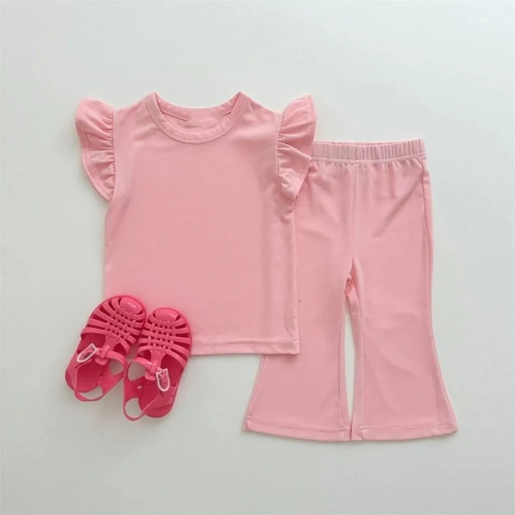 Girls' simple two-piece suit in solid colour cotton with top and pants, available in purple