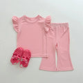 Girls' simple two-piece suit in solid colour cotton with top and pants, available in purple