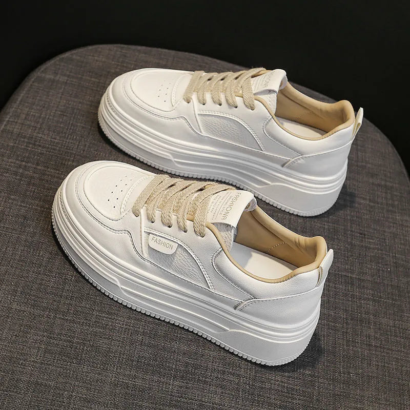 Platform thick sole casual sports skate shoes, cross shoulder straps, black and khaki, low top, round head, rubber sole