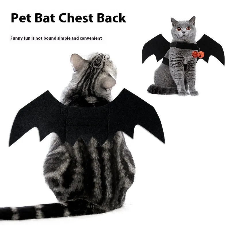 Black wings Halloween felt costume for a dog or cat, shown with a bell accessory.