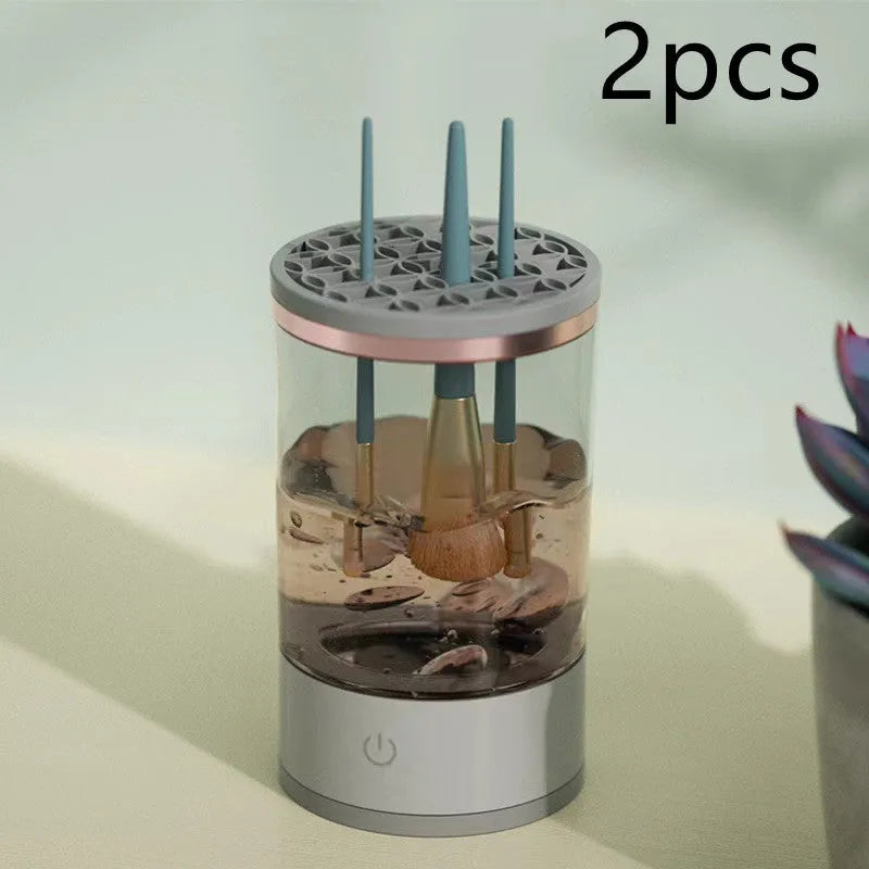 Electric makeup brush cleaner in grey and white with brush inserted, 17x9x9 cm, USB charging