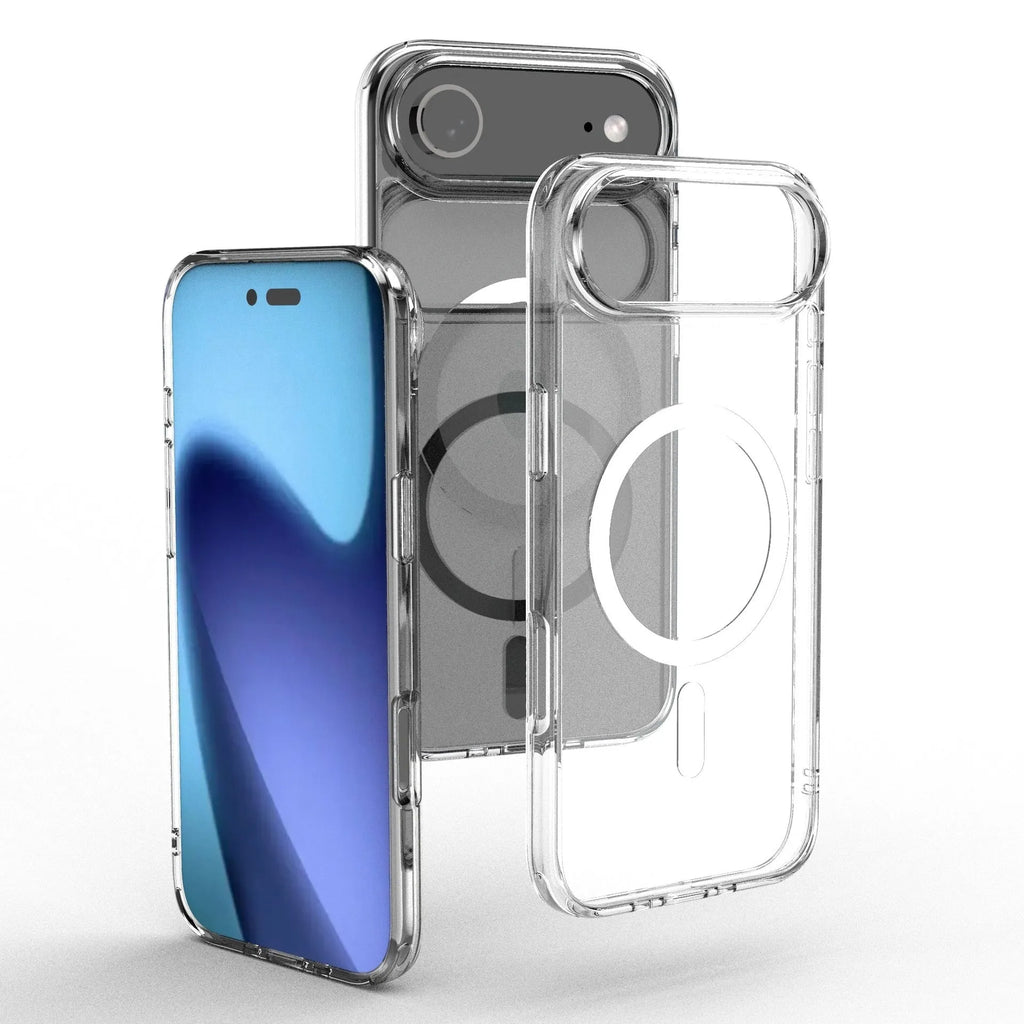 Transparent magnetic phone case for iPhone 17 series showing shockproof design and magnetic mounting capability