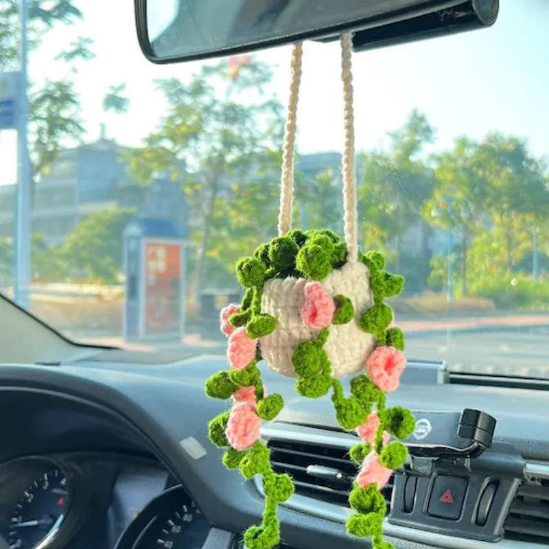 Green and white knitted car plant ornament with 8cm basin base and hanging rope for vehicle interiors