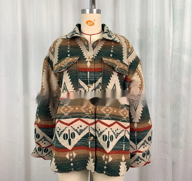 Women's retro style woolen coat with Aztec print design in loose fit