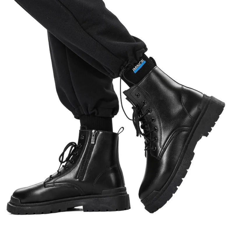 Men's black mid-top Tide British boots with a waterproof PU upper and flat rubber sole.