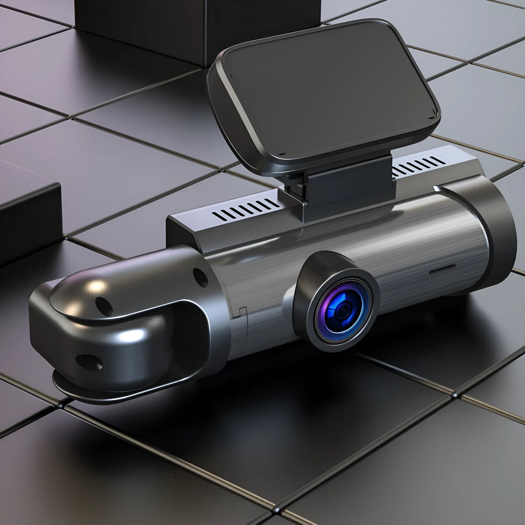 Dual-lens HD driving recorder with a 3.5-inch LCD screen mounted on a car windscreen.