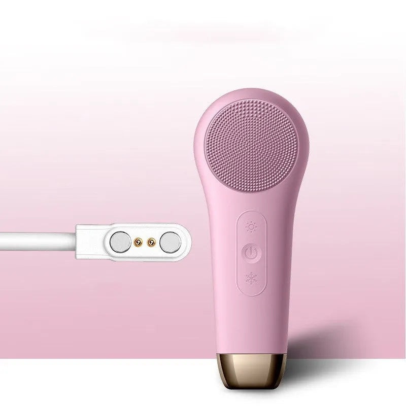 Silicone facial cleansing brush with ultrasonic vibration, 1500RPM cleaning, heat and ice modes, available in five colours.