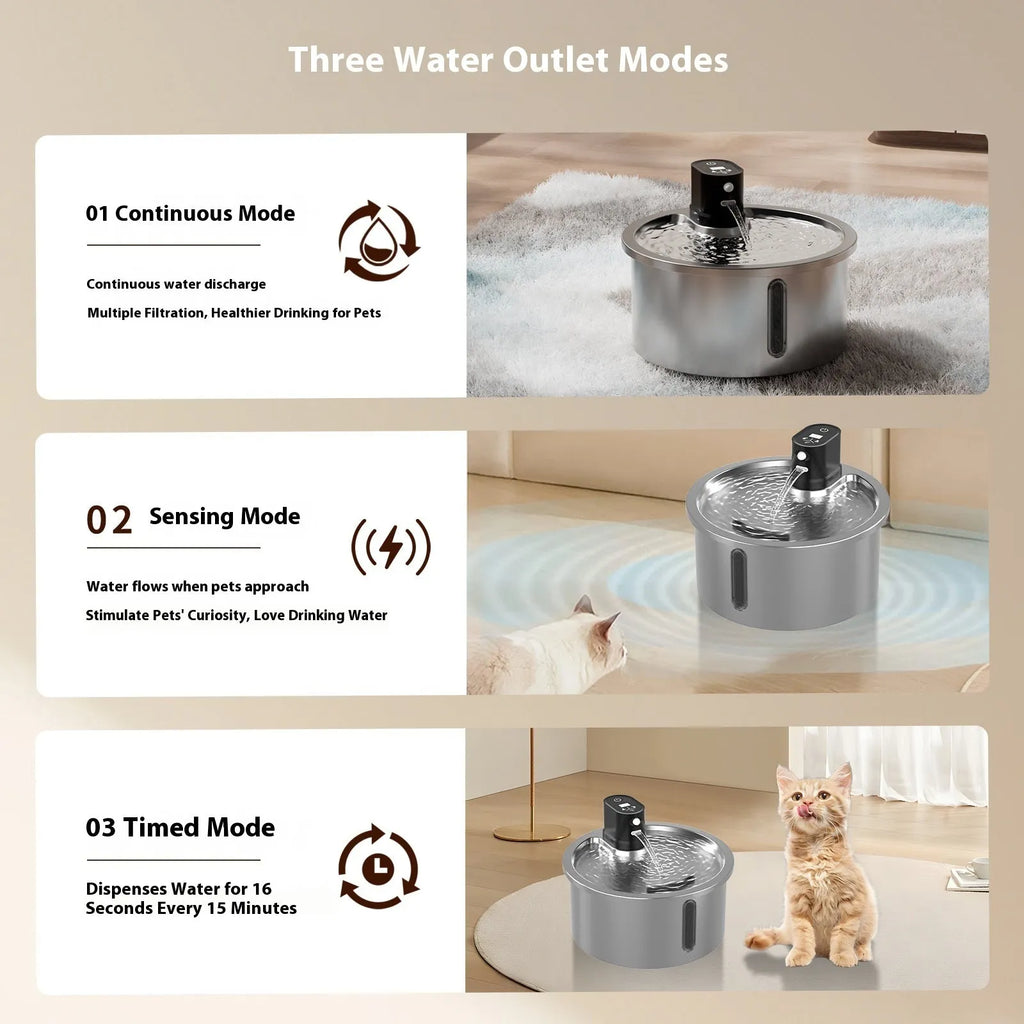 White stainless steel cat water fountain with constant temperature heating base on a table.
