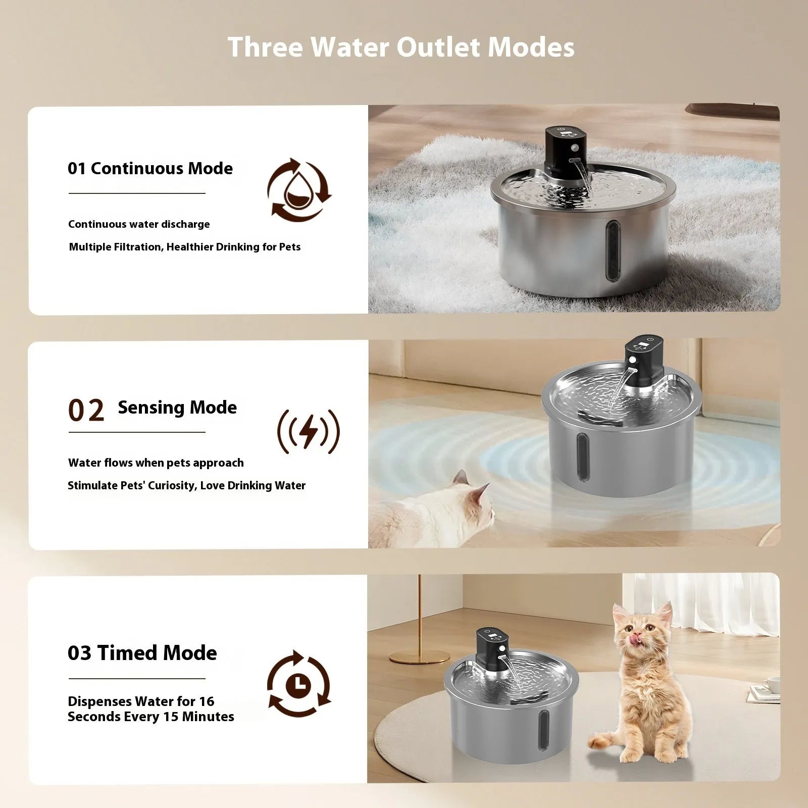 White stainless steel pet water fountain with digital thermostat base on a wooden table.