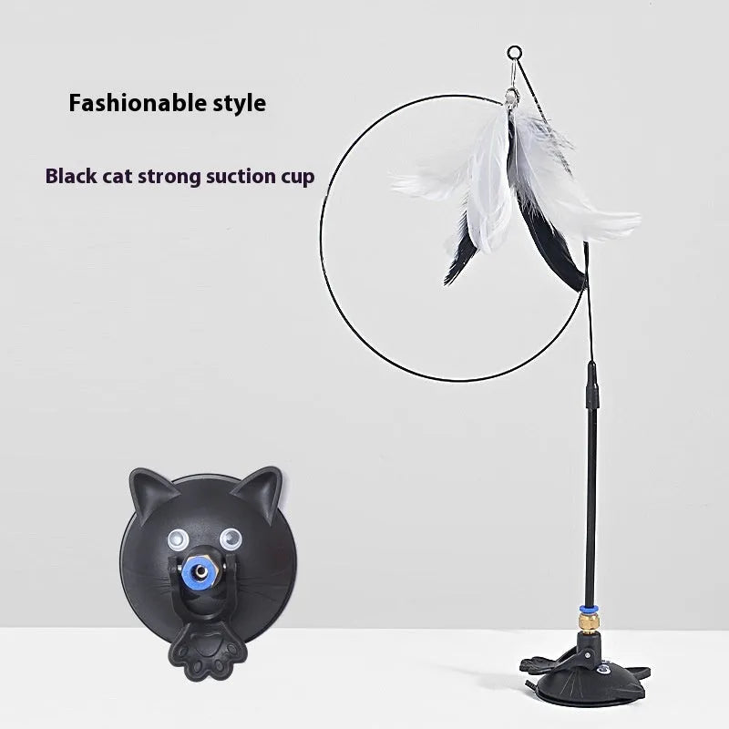 Cat teaser wand toy with suction cup base and colourful cat face attachment