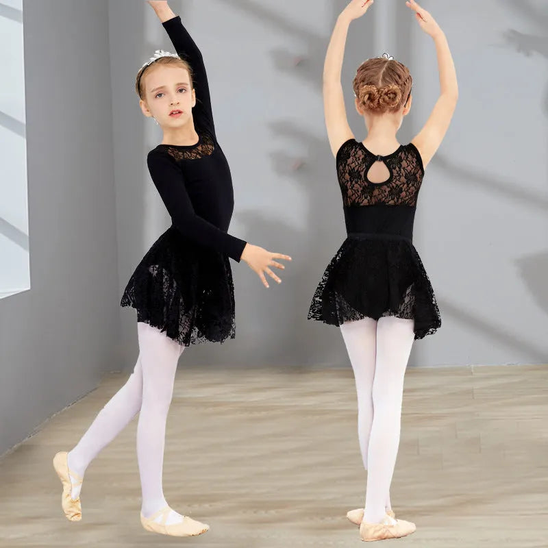 Girls ballet dancewear short sleeve Lycra cotton practice outfit with lace mesh in black pink or wine red
