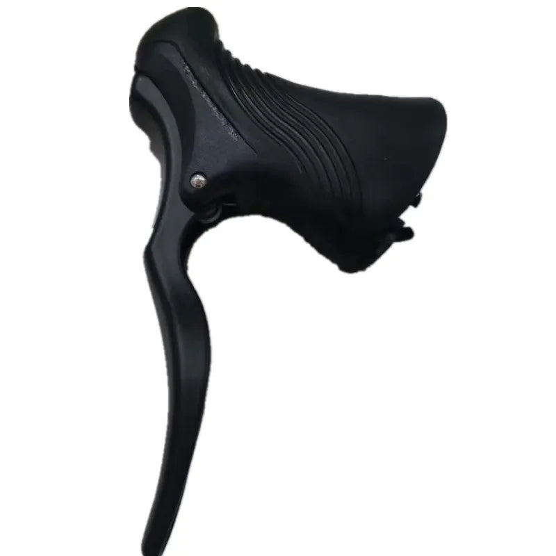Pair of aluminium alloy road bicycle brake handles in black and black silver, showing clamp for handlebars.