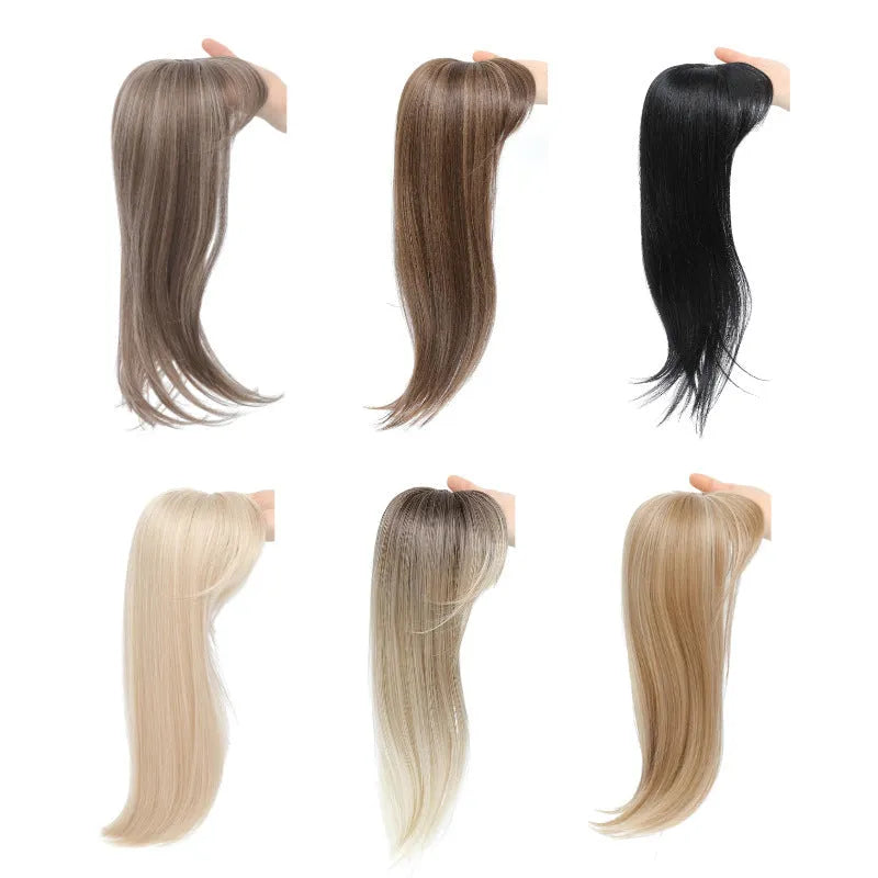 Synthetic high temperature fibre clip-in hair extension wig shown in one of six available style colours.