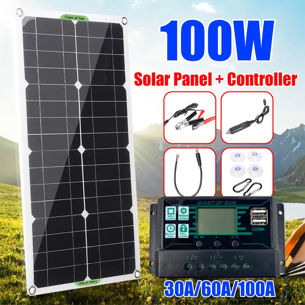 30W semi-flexible solar panel showing its surface and dual output ports for USB and 18V charging.