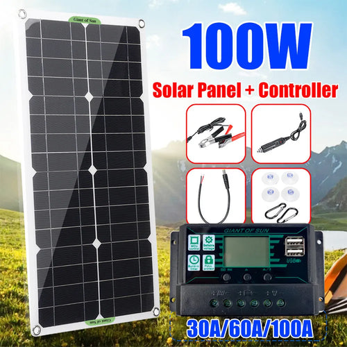 30W semi-flexible solar panel showing its surface and dual output ports for USB and 18V charging.