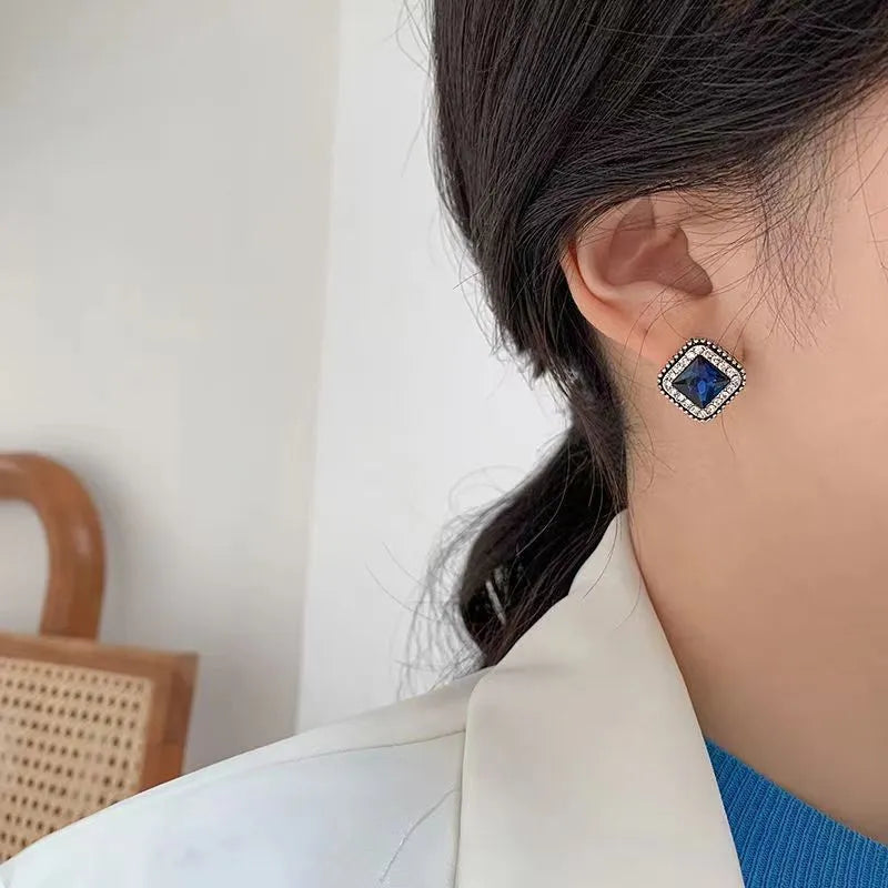 Blue geometric square diamond inlay earrings for women, Korean fashion sweet cool style, zinc alloy