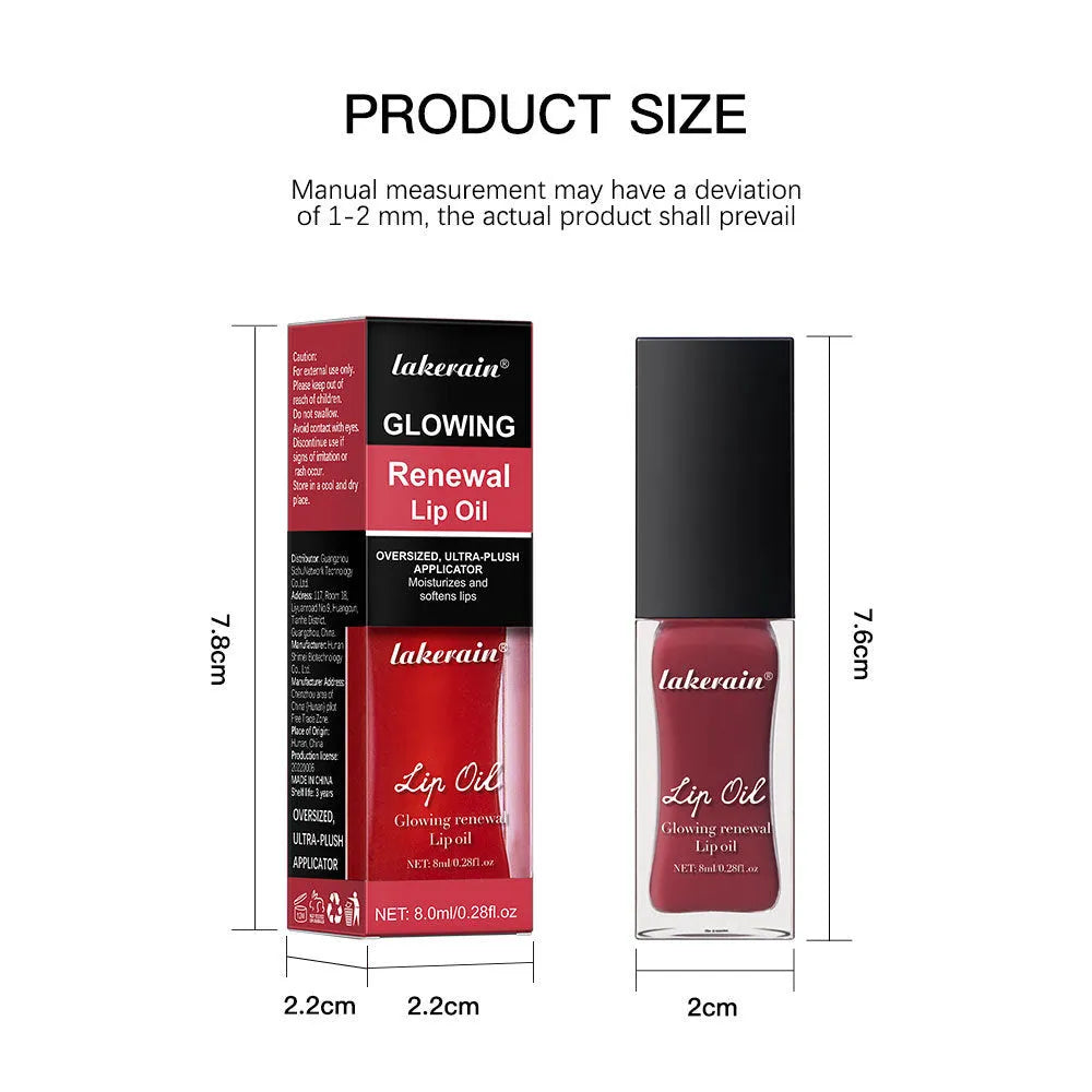 Lip gloss tube showing seven colour options including coral, honey, jam, pink, red, and rose variants
