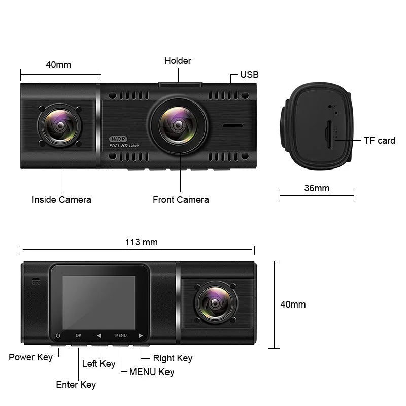 Black dual-channel car dash cam on windscreen mount with rear camera cable.