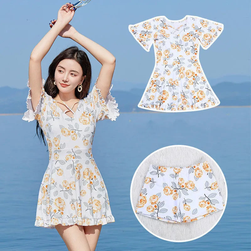 Women's high waist floral print one-piece swimsuit in blue pattern or white flower colours