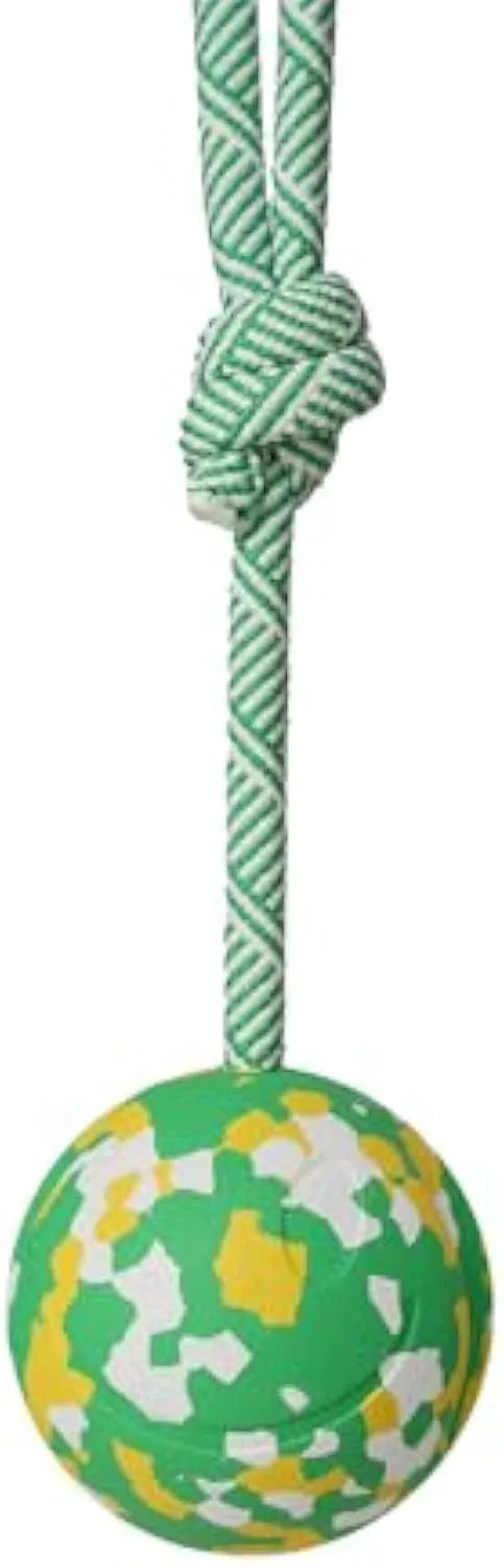 Natural rubber dog ball attached to a blue nylon rope for fetch and tug-of-war games.
