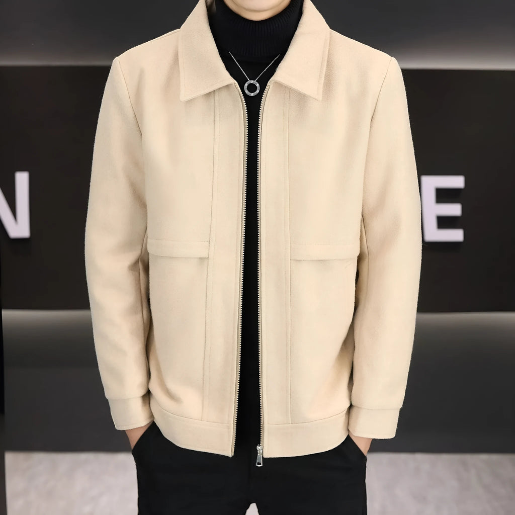 Khaki casual polo collar jacket with side seam pockets and regular sleeves