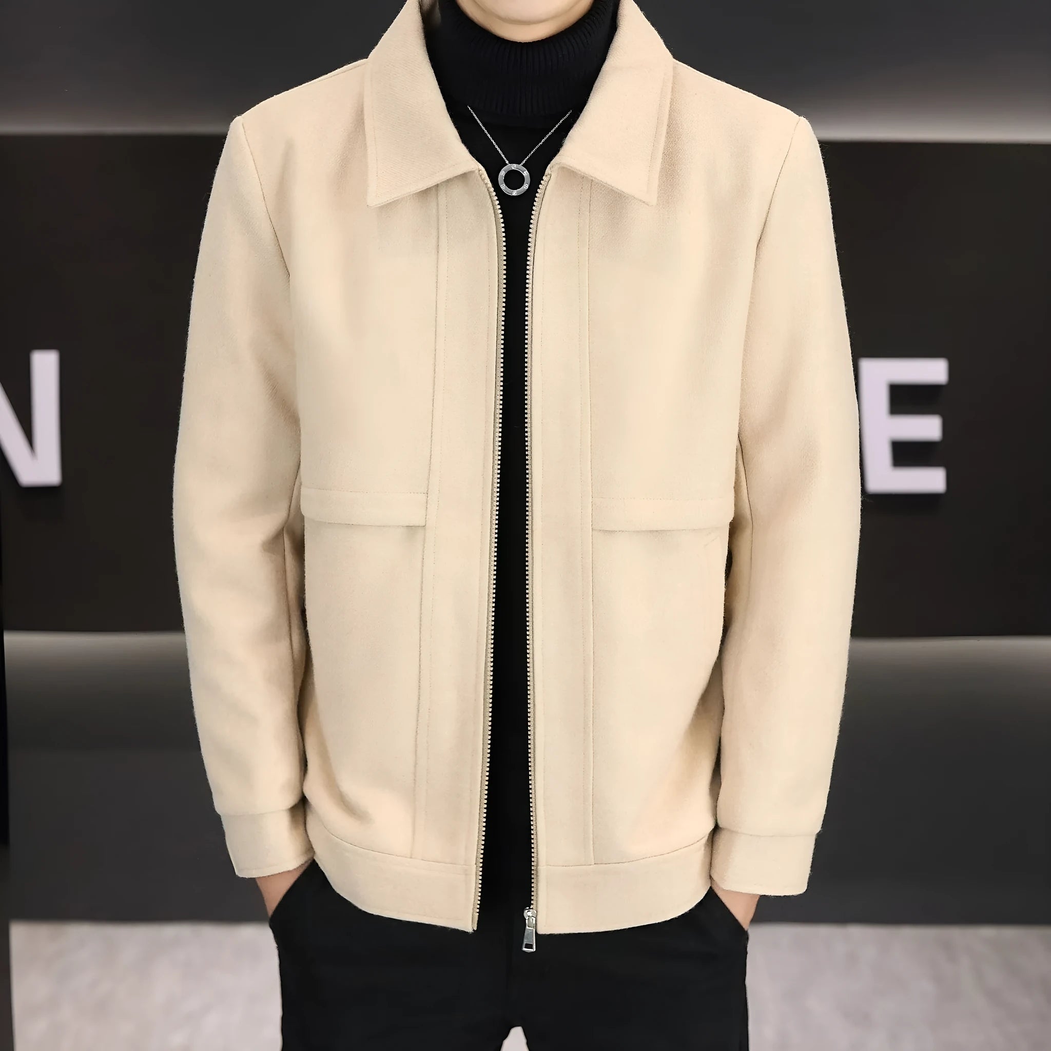 Khaki casual polo collar jacket with side seam pockets and regular sleeves