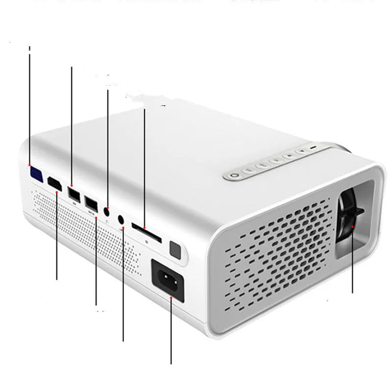 Black portable projector with HD 1080P support and wireless phone screen version placed on table