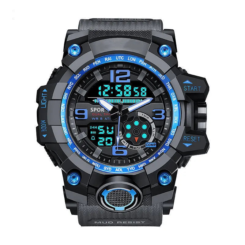 Men's waterproof sports watch with dual display, round dial, black resin case and PU strap