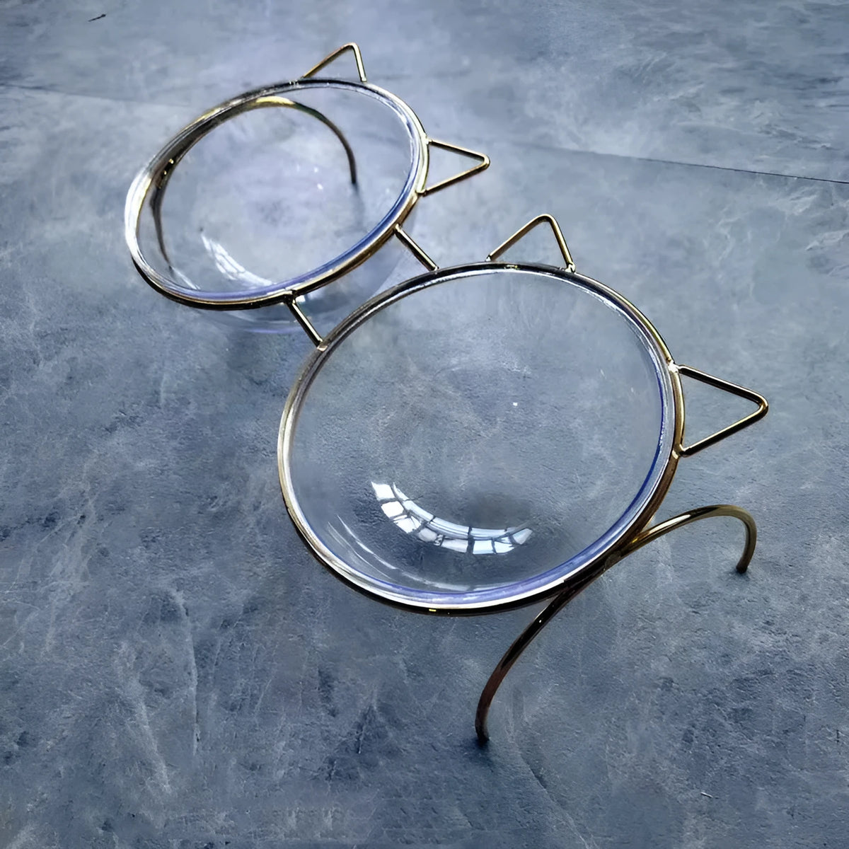 Raised glass cat bowl with golden metal rack and non-slip sleeves, 31x15x13.5cm, for pet food or water