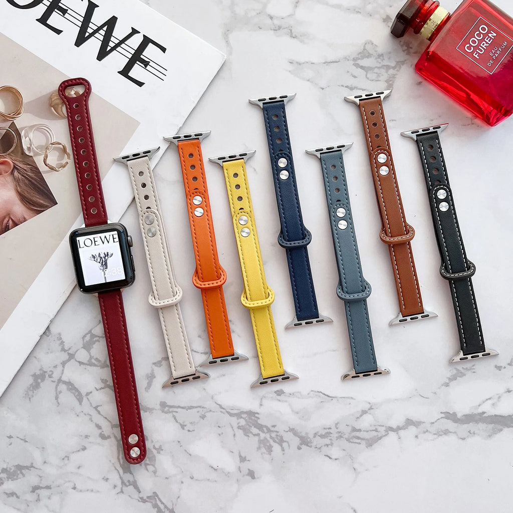 Double nail leather watch strap for Apple Watch 38mm to 45mm in black
