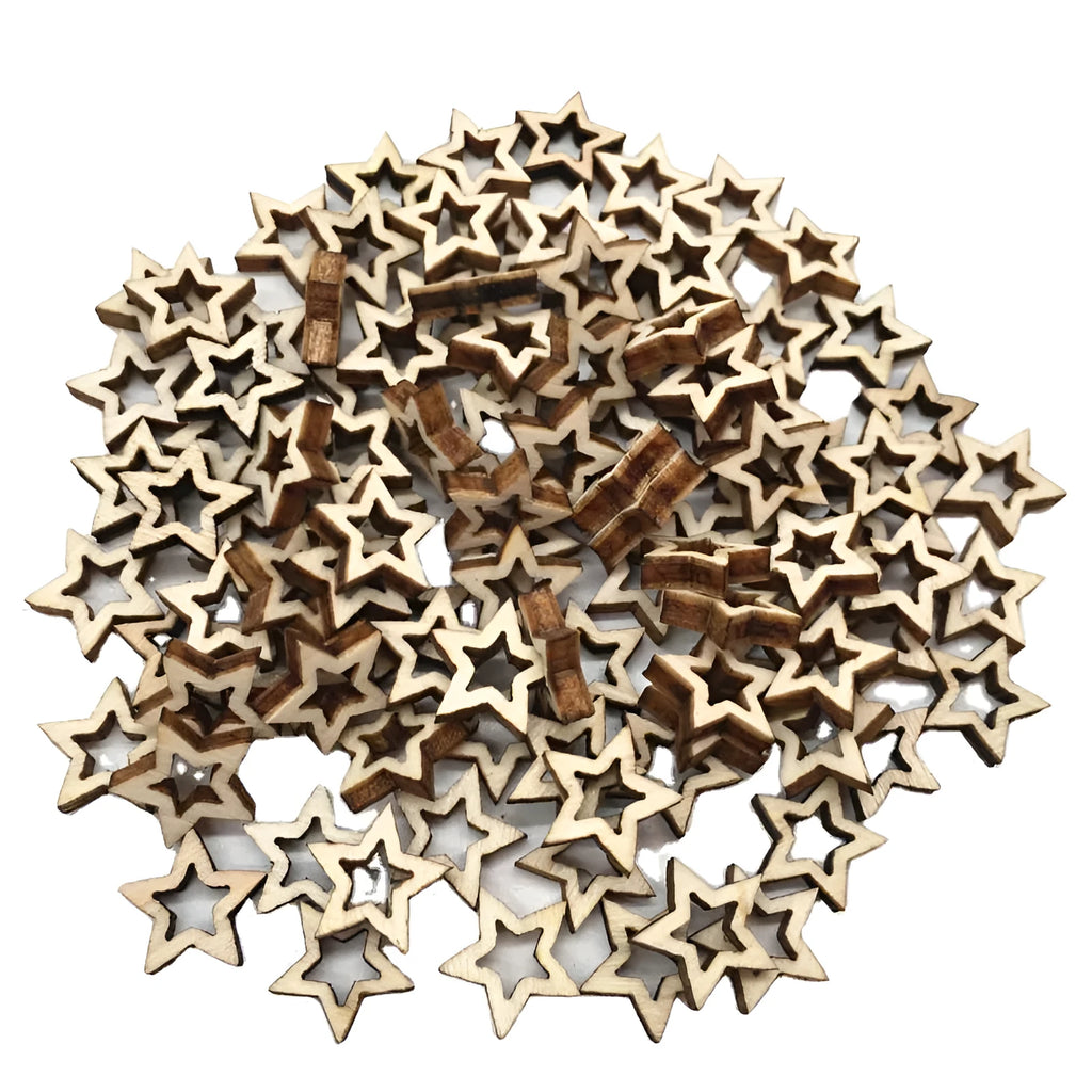 Wooden MDF hollow five-pointed star pendants in 10mm 20mm 30mm sizes with landscape flowers pattern individually packed