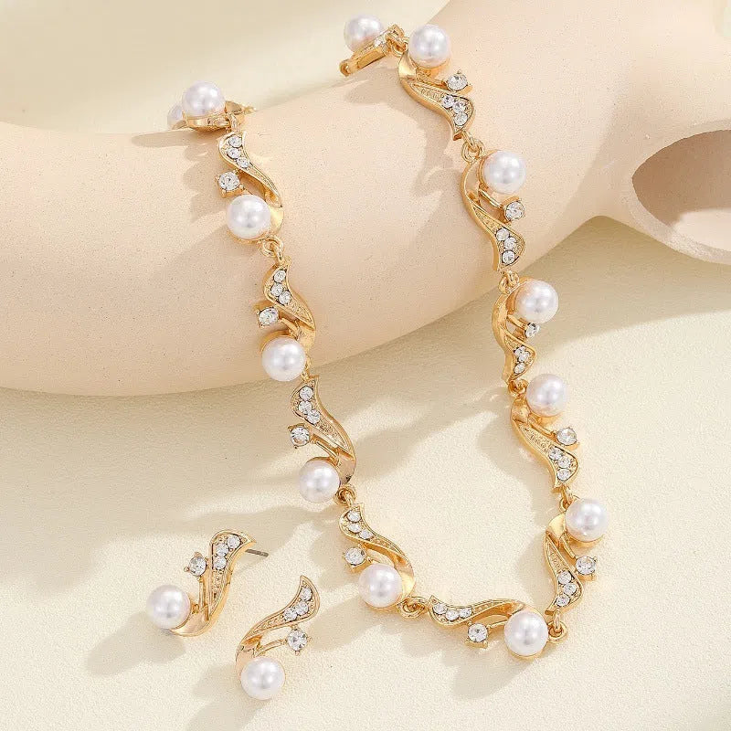 Women's bohemian irregular pearl earrings and necklace set in gold alloy electroplated finish
